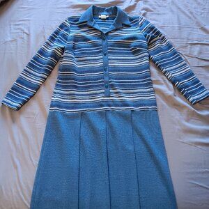 Vintage 60s D'Alliard's Striped Scooter Dress Box Pleat Mod Blue Grey Gray White